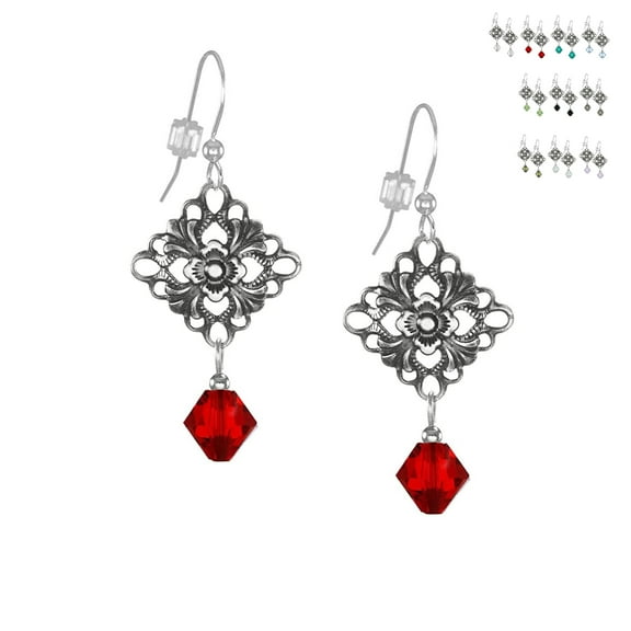 Handmade Jewelry by Dawn Pewter Flower Crystal Drop Earrings - Red