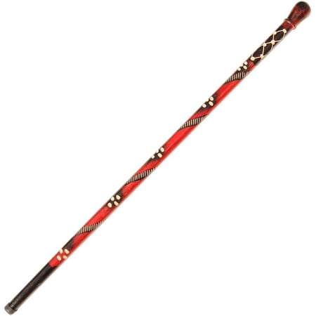 Handmade Jungle Boogie Eucalyptus Walking Cane | Hand Carved, Painted Red & Black Tribal Design with Rubber Tip for Balance & Support