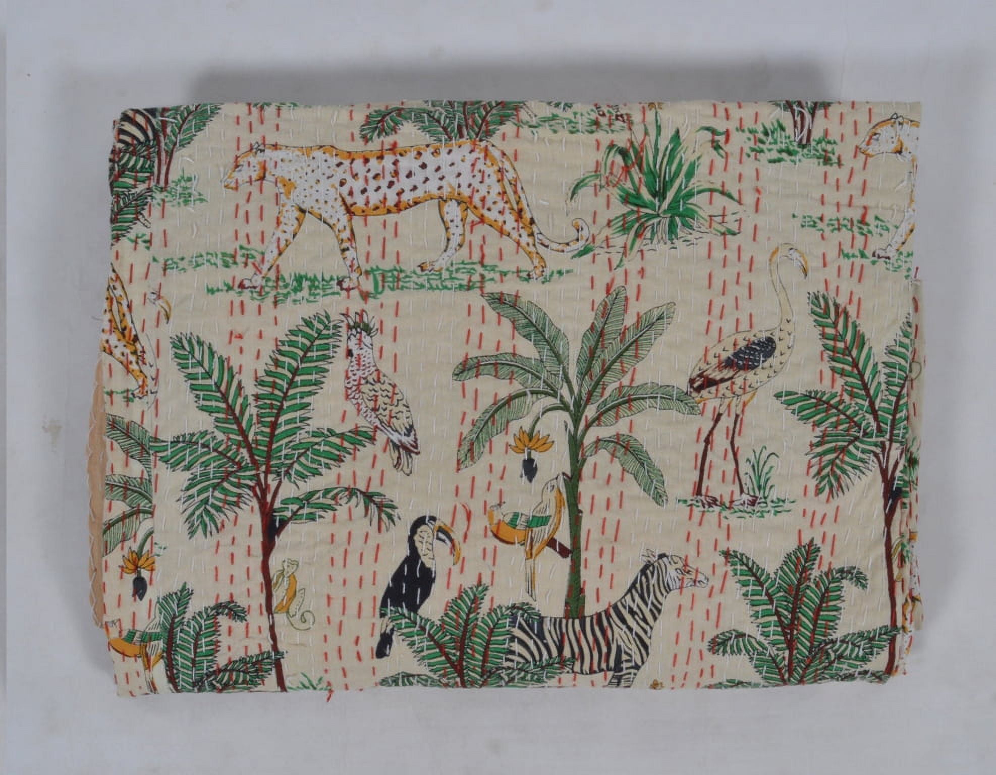 Handmade Jungle Print Quilt Queen Kantha Quilt Kantha Bedspread Cotton