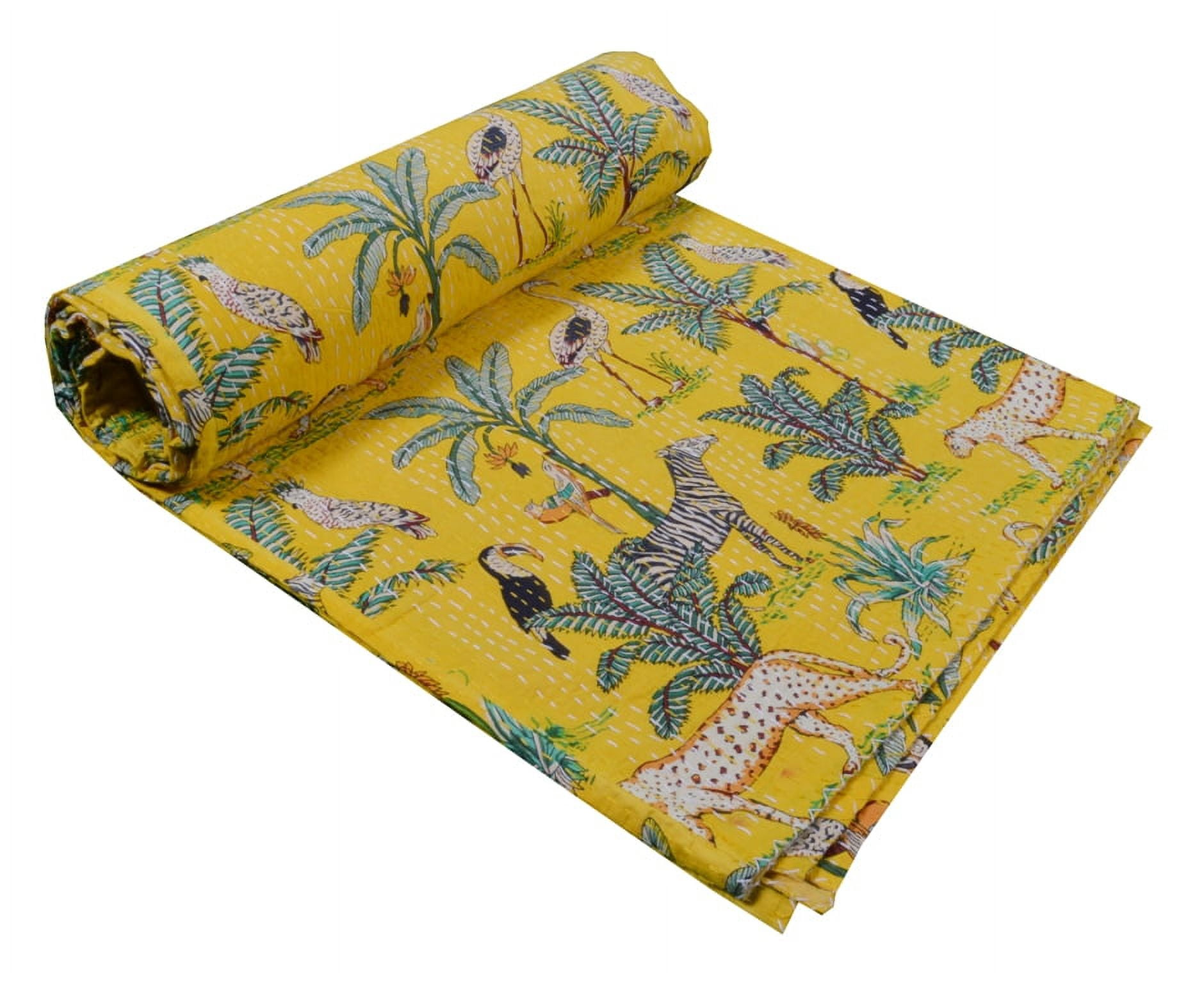 Handmade Jungle Print Quilt Queen Kantha Quilt Yellow Quilt Kantha