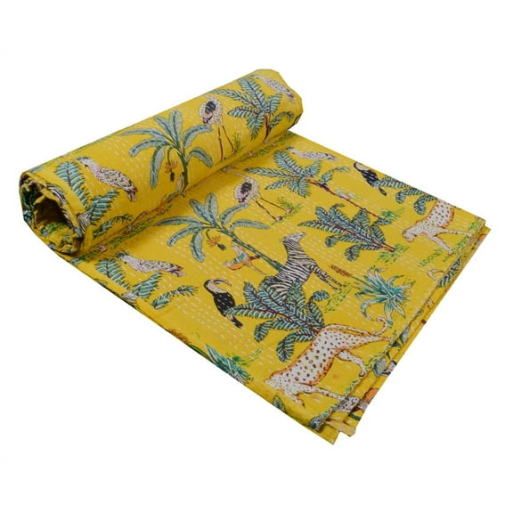 Handmade Jungle Print Quilt Queen Kantha Quilt Yellow Quilt Kantha Bedspread Cotton Blanket Indian Bed Cover Bohemian Quilt Kantha Quilt Queen Quilts