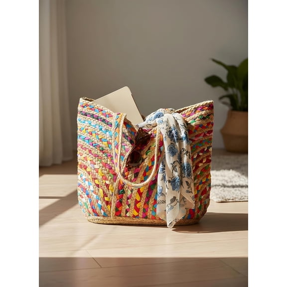 Handmade Jute Cotton Straw Boho Beach Bags Buckets Handbag Shoulder Bag Tote Bag for Women Tassel Bag Natural Fiber Hand Woevn Handbags Multicolor