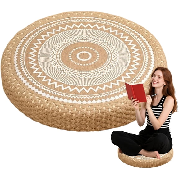 Handmade Jute Meditation Cushion - Round Floor Seat Cushion with Boho Decor, Washable Cotton Cover, Firm Support for Yoga, Balcony, Reading Nook - Farmhouse Home Accent,Diameter 40 cm, thickness 8 cm