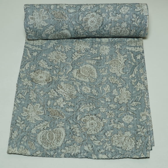 Handmade Kantha Block Print Dusty Blue Floral – Pure Cotton Bedspread For Bedroom & Cozy Home Decor