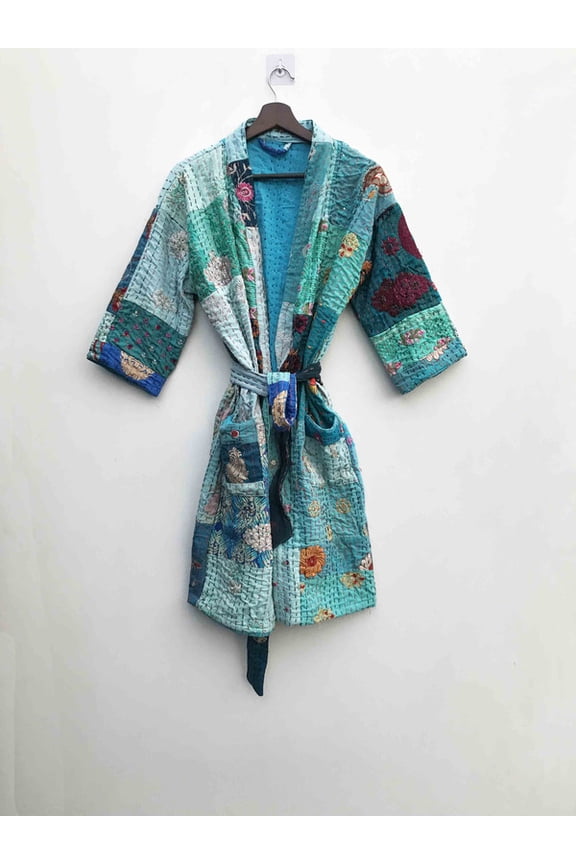 Handmade Kantha Patchwork Kimono Jacket  Long Cotton Boho Coat, Hand Stitched Artisan Outerwear, Sustainable Fashion