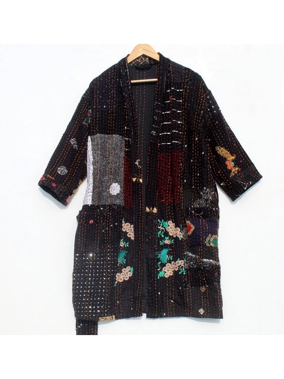Handmade Kantha Patchwork Kimono Jacket Long Cotton Boho Coat, Hand Stitched Artisan Outerwear, Sustainable Fashion