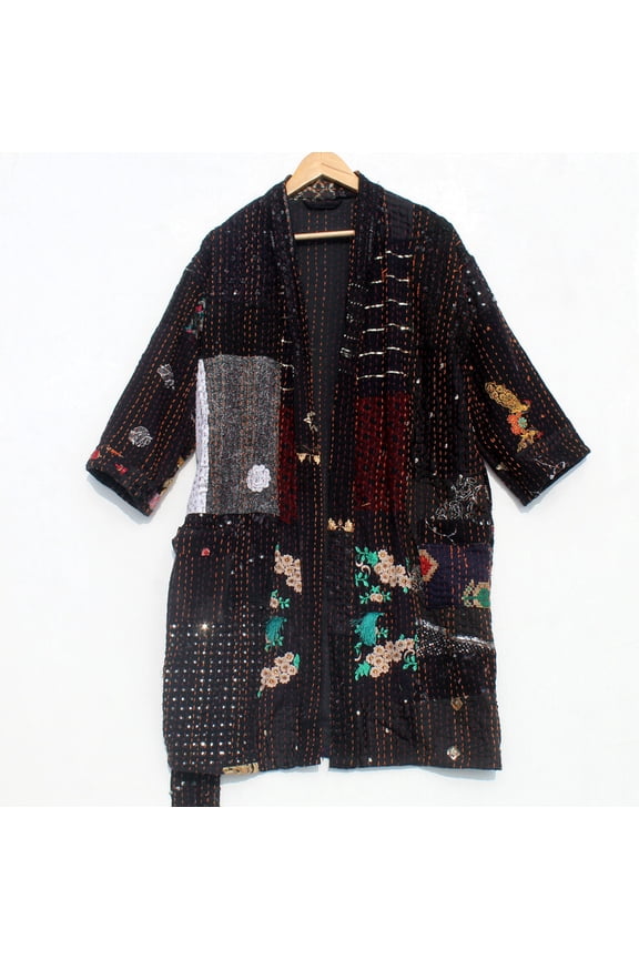 Handmade Kantha Patchwork Kimono Jacket Long Cotton Boho Coat, Hand Stitched Artisan Outerwear, Sustainable Fashion