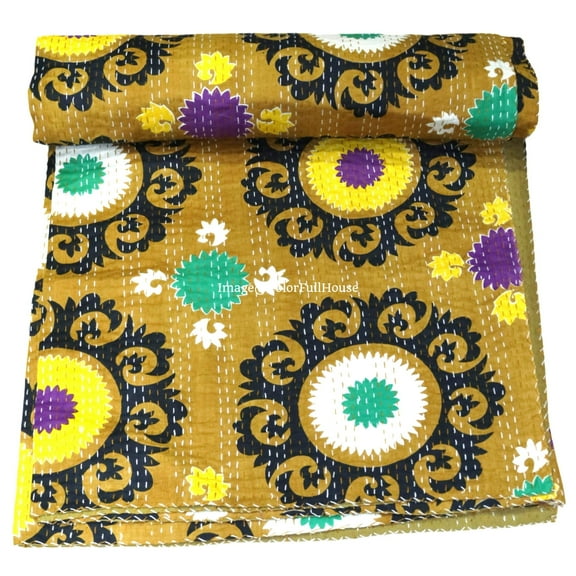 Handmade Kantha Quilt, Floral Pattern, Mustard Yellow with Purple and Green Accents Size ( Single 60" x 90" )