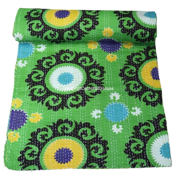 Handmade Kantha Quilt, Green Floral Pattern, Cotton Throw Blanket Size ( Double 90" x 108")