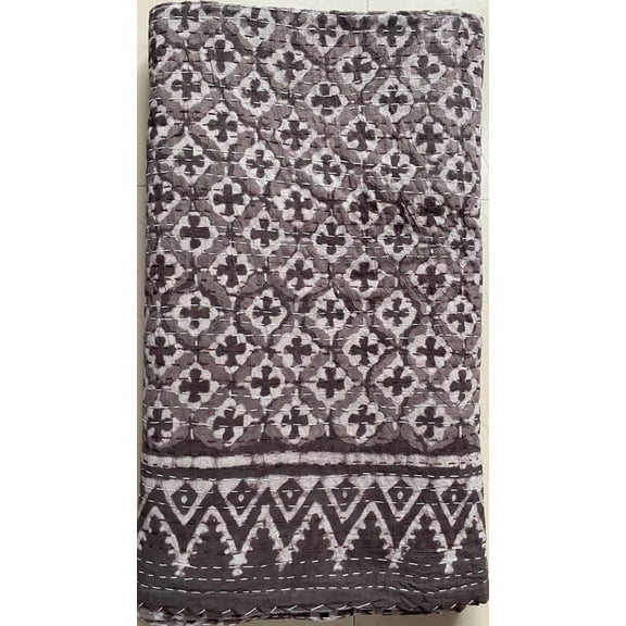 Handmade Kantha Quilt -Grey Geometric Cotton Bedspread from India, Soft Lightweight Blanket for Bedroom & Home Decor