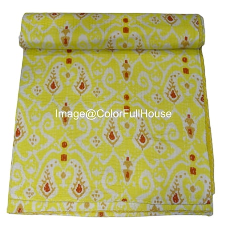Handmade Kantha Quilt, Ikat Pattern with Colorfull Accents, Traditional Indian Blanket, Bedspread ( Double 90" x 108")