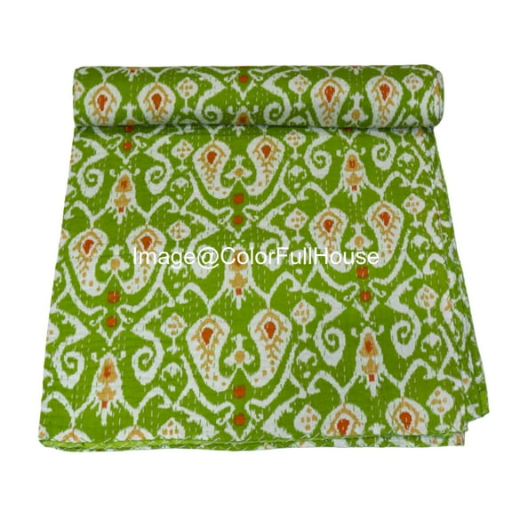 Handmade Kantha Quilt, Ikat Pattern with Colorfull Accents, Traditional Indian Blanket, Bedspread ( Double 90" x 108")