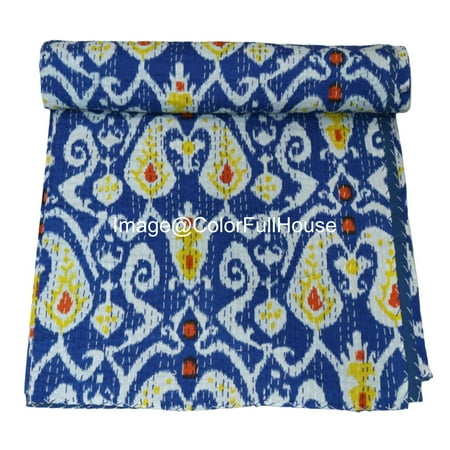 Handmade Kantha Quilt, Ikat Pattern with Colorfull Accents, Traditional Indian Blanket, Bedspread ( Double 90" x 108")