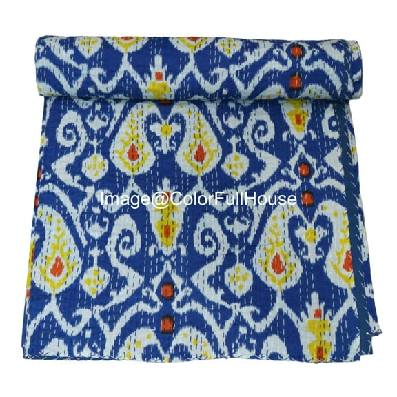 Handmade Kantha Quilt, Ikat Pattern with Colorfull Accents, Traditional Indian Blanket, Bedspread ( Double 90" x 108")