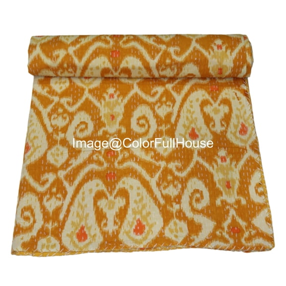 Handmade Kantha Quilt, Ikat Pattern with Colorfull Accents, Traditional Indian Blanket, Bedspread ( King 108" x 108" )