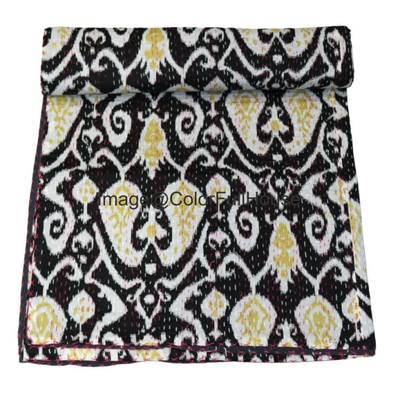 Handmade Kantha Quilt, Ikat Pattern with Colorfull Accents, Traditional Indian Blanket, Bedspread ( King 108" x 108" )