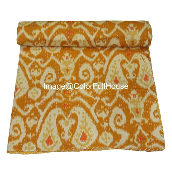 Handmade Kantha Quilt, Ikat Pattern with Colorfull Accents, Traditional Indian Blanket, Bedspread ( Single 60" x 90" )