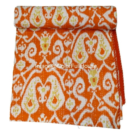 Handmade Kantha Quilt, Ikat Pattern with Colorfull Accents, Traditional Indian Blanket, Bedspread ( Single 60" x 90" )