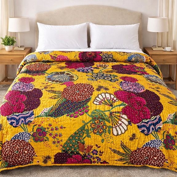 Handmade Kantha Quilt Queen Size 90x108 Inches Yellow Floral Cotton Bedspread, Reversible Vintage Patchwork Bedding