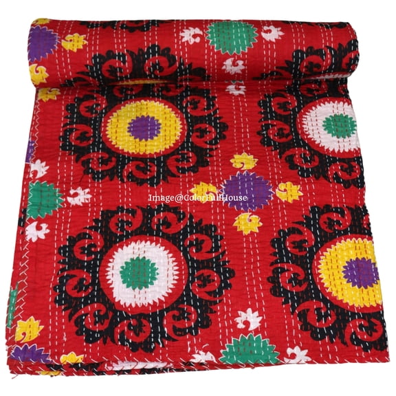 Handmade Kantha Quilt, Red Floral Pattern, Traditional Suzani Design Size ( King 108" x 108" )