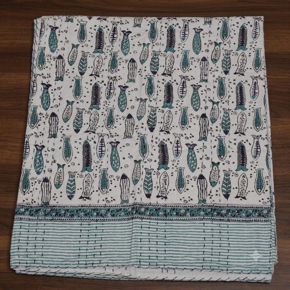 Handmade Kantha Quilt Throw: Teal Navy Fish Design