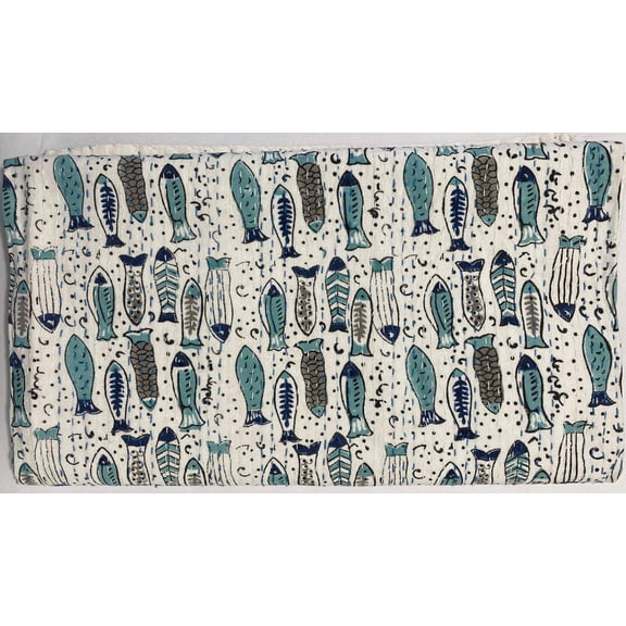 Handmade Kantha Quilt Throw: Teal Navy Fish Design