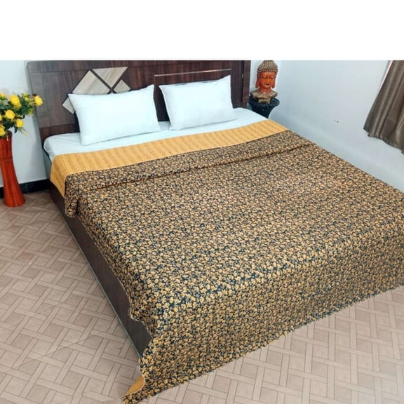 Handmade Kantha Quilt Vintage Floral Block Print Bedding | Reversible Cotton Bedspread, Lightweight,60x90 Inch