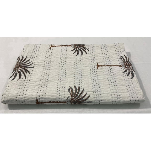 Handmade Kantha Quilt: White Cotton Bedding with Embroidered Palm Trees
