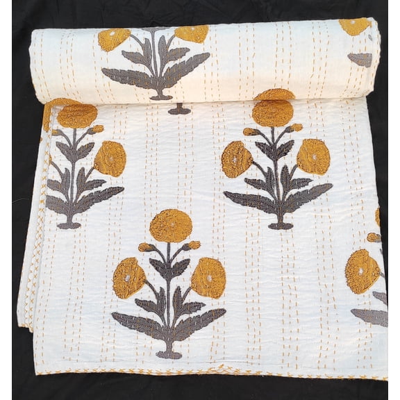 Handmade Kantha Quilt: Yellow Floral Embroidery, Bohemian Cotton Blanket