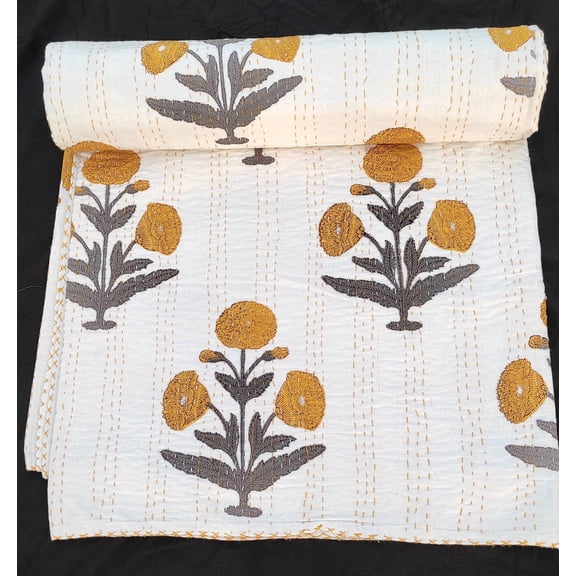 Handmade Kantha Quilt: Yellow Floral Embroidery, Bohemian Cotton Blanket