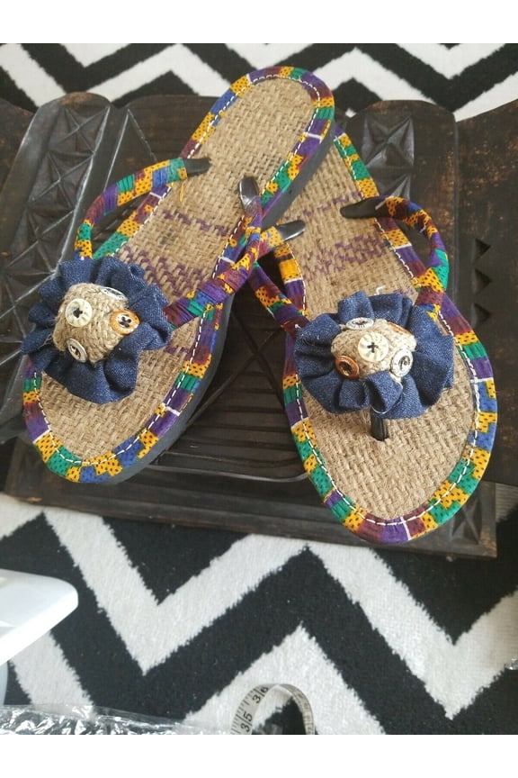 Handmade Kente Slippers with Denim Accents