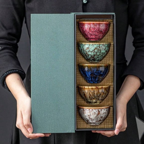 Handmade Kiln-Changed Five-Element Kung Fu Tea Cups - Glazed Porcelain Jianzhan Cups, Artistic Elegant Unique for Business Gifts, Office & Home Use (Set of 5)