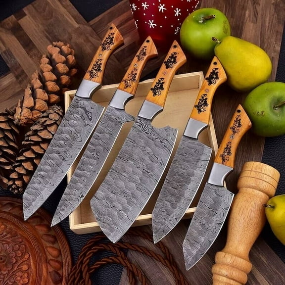 Handmade Kitchen Knife Set Japanese Damascus  Chef 5 Knives Forged Steel