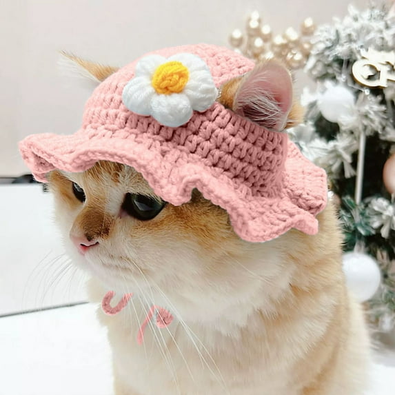 Handmade Knitted Cat Pet Hat For Cats And Dogs Cute Outfit Cartoon Themed Knit Cute Cats Bonnet Holiday Party Clothes Light Pink - Suitable weight:1.5-2KG