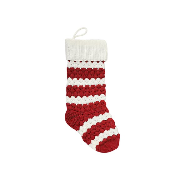 Handmade Knitted Christmas Stocking Red and White Striped Holiday Decoration with Hanging Loop, 18 Inches