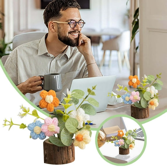 Handmade Knitted Crochet Flower Bouquet Potted Desktop Ornament Elegant Home Desk Idea