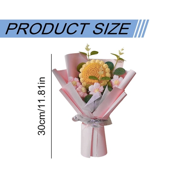 Handmade Knitted Crochet Sunflower Bouquet For Wife Mother Thanksgiving Birthday Anniversary Home Decor Gift (Pink, 33*4*21cm)