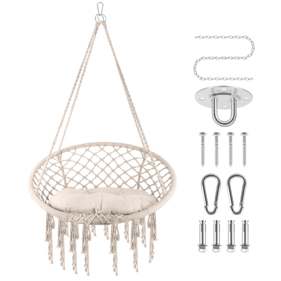 Handmade Knitted Macrame Hanging Swing Chair, Breathable Material, Durable Construction, Easy Hanging, Hanging Cotton Rope Swing Chairs, Living Rooms, Porches, Backyards