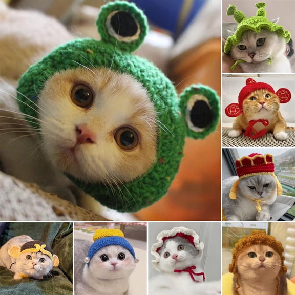 Handmade Knitted Pet Hat, Crochet Frog God of Wealth Costume, Warm Winter Hat for Small Dogs & Cats