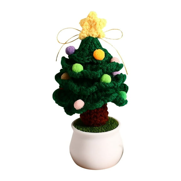 Handmade Knitted Pink Tabletop Tree with Star Topper and Colorful Pom Poms, Cute Mini Christmas Tree for Holiday Decor, Gift, Office, Home, Party, 8 Inch