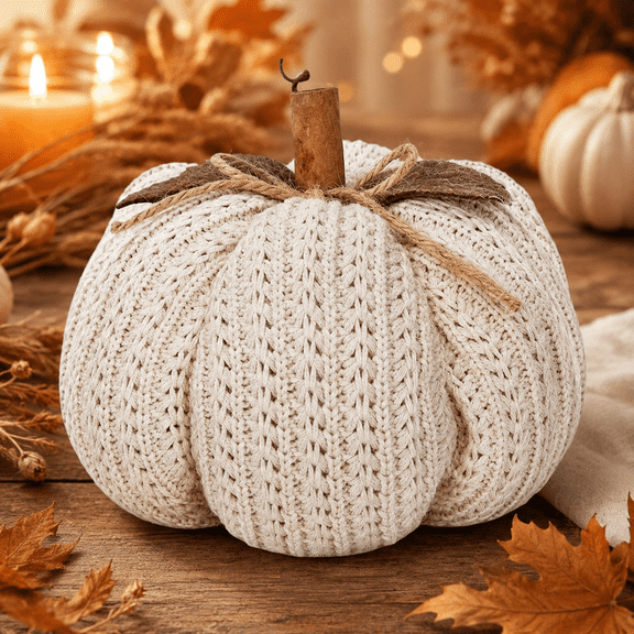 Handmade Knitted Pumpkin, 7-Inch Fabric Wrapped Fall Harvest Decor, Artificial Crocheted Pumpkin for Farmhouse Thanksgiving Mantel and Table Decor