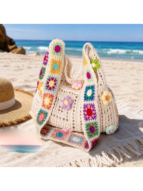 Handmade Knitted Shoulder Bag, Crochet Tote Bag with Colorful Floral Strap, Boho Woven Purse for Women, Lightweight Summer Beach Bag for Phone Wallet Makeup Travel and Everyday Essentials