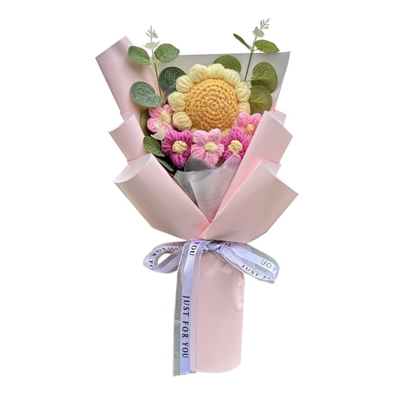 Handmade Knitted Sunflower Plush Doll Bouquet, Woolen Crochet Artificial Flowers for Home Decor, Unique Creative Gift for Birthdays and Parties E#123 Pink