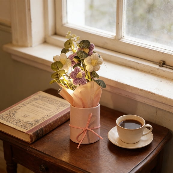 Handmade Knitted Wool Flower Bouquet 7.87x2.56 Inch, Small Puff Bucket with LED Light for Gift Souvenir Decor, Multicolor