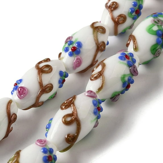Handmade Lampwork Beads Rice wit Flower White 23x12~13mm Hole: 1.6mm diy