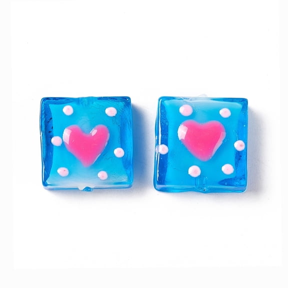 Handmade Lampwork Beads Square with Heart Pattern Dodger Blue 16x15x6mm Hole: 1.8mm 10pcs