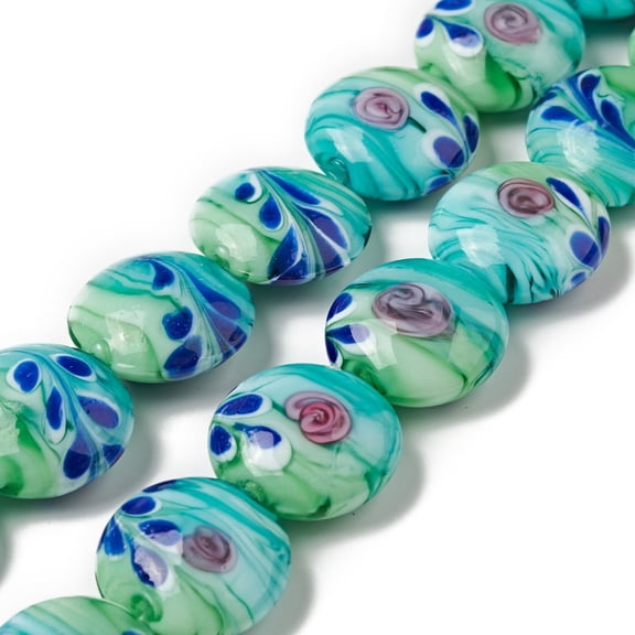 Handmade Lampwork Beads Strand Flat Round with Flower Medium Turquoise 20x10mm Hole: 1.2mm 18pcs/strand 13.78 inch(35cm)