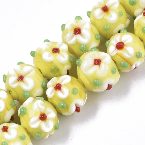 Handmade Lampwork Beads Strands Flower Yellow Green 11~12x11~12x10mm Hole: 1.5mm about 45pcs/strand 17.72 inch(45cm)