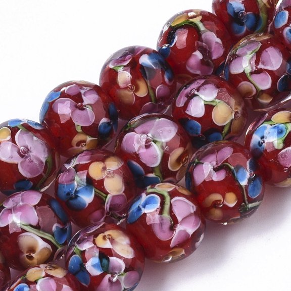 Handmade Lampwork Beads Strands Inner Flower Round FireBrick 11.5~12.5x10.5~11.5mm Hole: 1.4mm about 45pcs/Strand 19.69 inch~20.08 inch