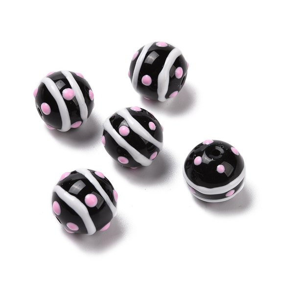 Handmade Lampwork Enamel Beads Strands Hand Drawn Beads Round with Polka Dot and Stripe Black 12~13mm Hole: 1.6mm about 30pcs/strand